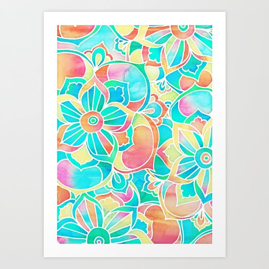 Sunsets & Cocktails - bright pastel watercolor floral design Art Print