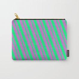 [ Thumbnail: Orchid & Green Colored Lined/Striped Pattern Carry-All Pouch ]