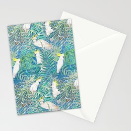 cockatoos playing around in a tropical garden watercolor Stationery Cards