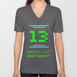 [ Thumbnail: 13th Birthday - Nerdy Geeky Pixelated 8-Bit Computing Graphics Inspired Look V Neck T Shirt V-Neck T-Shirt ]