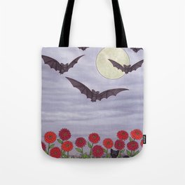 bats, zinnias, and black cat Tote Bag