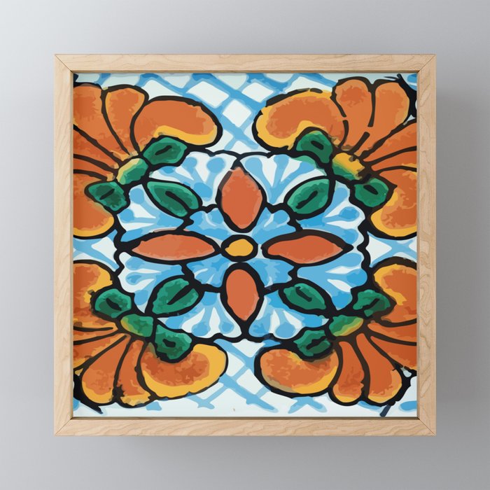 Celeste bouquet retro mexican talavera tile vintage interior design Framed Mini Art Print