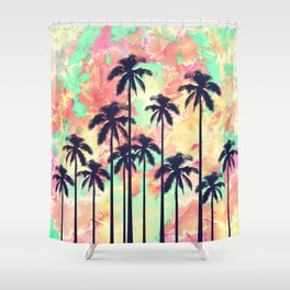 Colorful Neon Watercolor with Black Palm Trees Shower Curtain