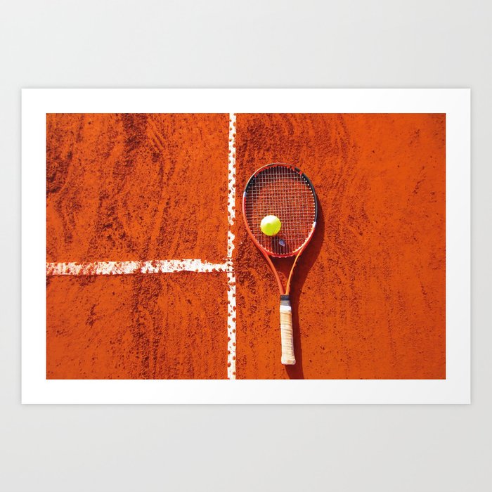 Tennis racket with ball on tennis court Art Print