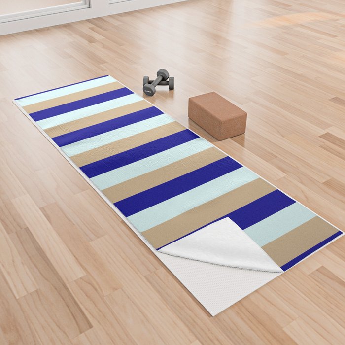 Tan, Dark Blue & Light Cyan Colored Lines Pattern Yoga Towel