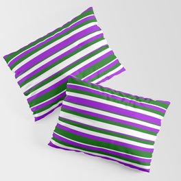 [ Thumbnail: Dark Green, White & Dark Violet Colored Lined Pattern Pillow Sham ]