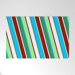 [ Thumbnail: Vibrant Green, Deep Sky Blue, Sea Green, White & Dark Red Colored Lines Pattern Welcome Mat ]