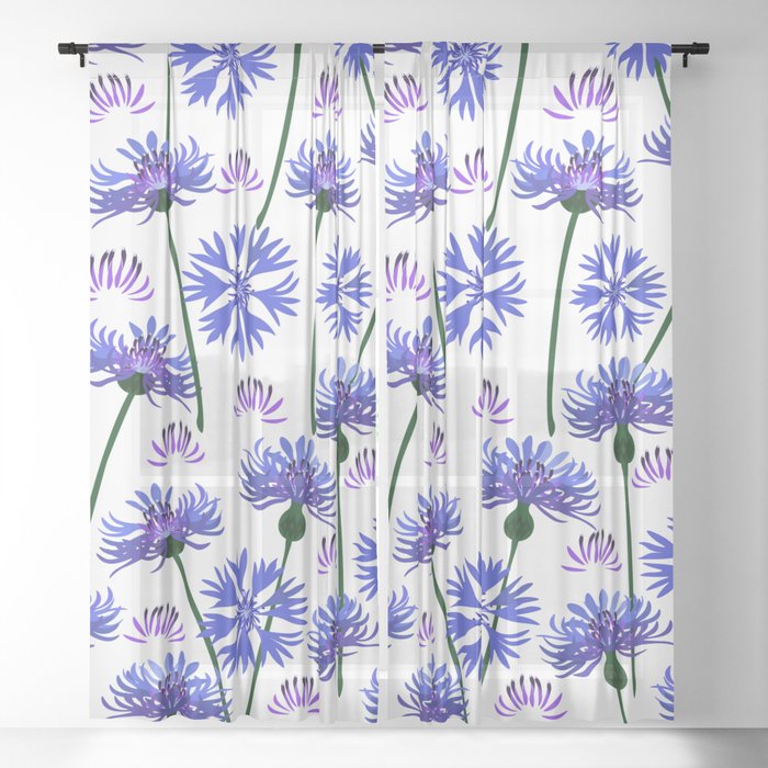  Garden with cornflowers, wild flowers, white background. Sheer Curtain