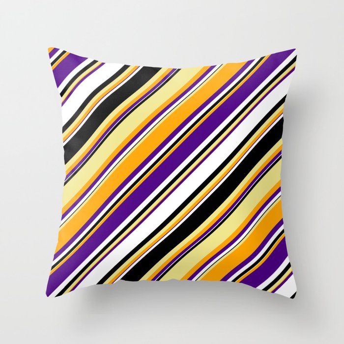 Vibrant Tan, Orange, Indigo, White, and Black Colored Lines/Stripes Pattern Throw Pillow