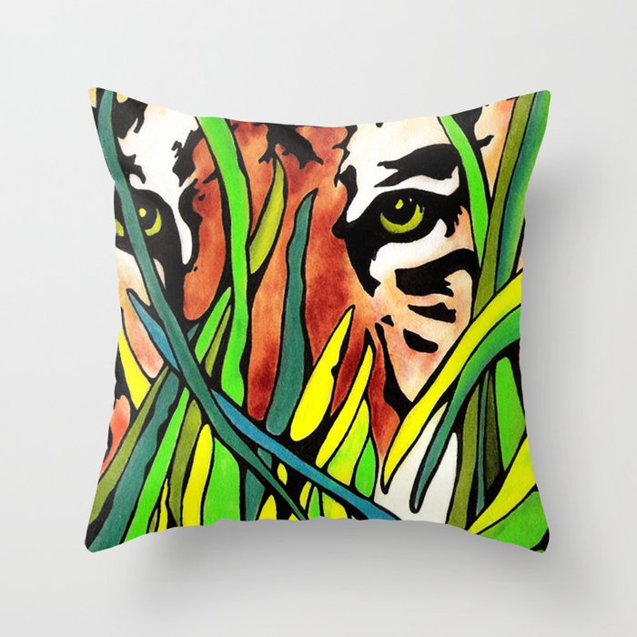 Tiger Eyes Looking Through Tall Grass By annmariescreations Throw Pillow