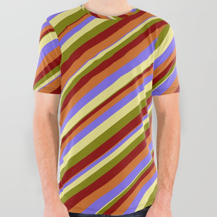 Eyecatching Medium Slate Blue, Tan, Green, Dark Red & Chocolate Colored Striped/Lined Pattern All Over Graphic Tee