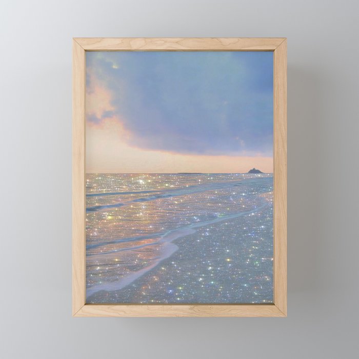 MAGIC OCEAN - glitter artwork by Yana Potter artist. Sparkling waves, pastel blue, beautiful nature. Framed Mini Art Print