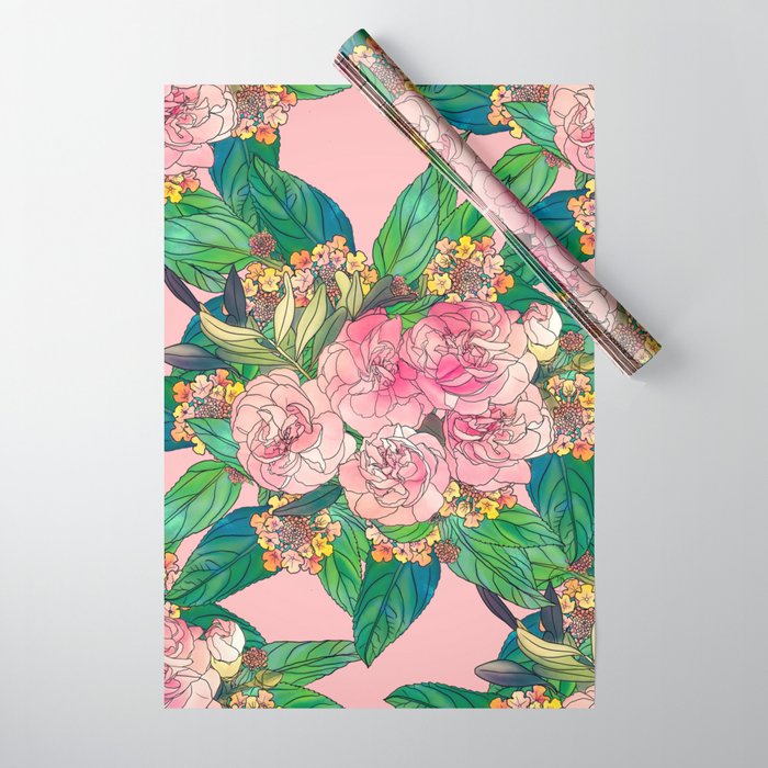Girly Pink Watercolor Floral Hand Paint Wrapping Paper