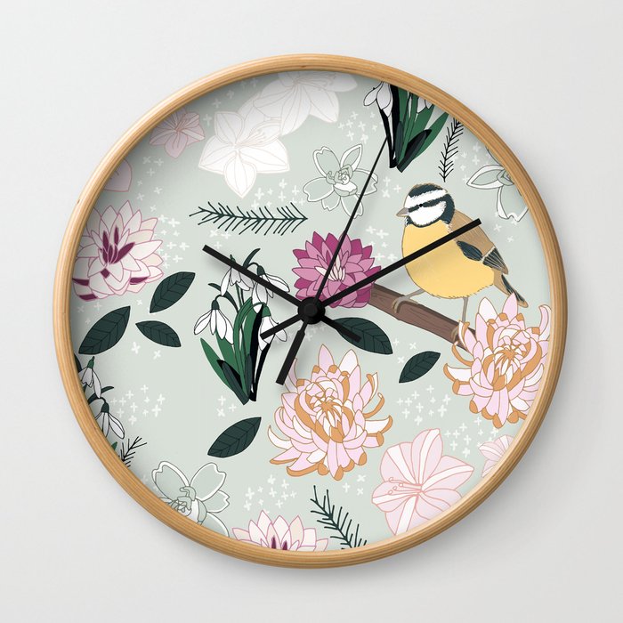 Joyful winter muted floral pattern with bird Wall Clock