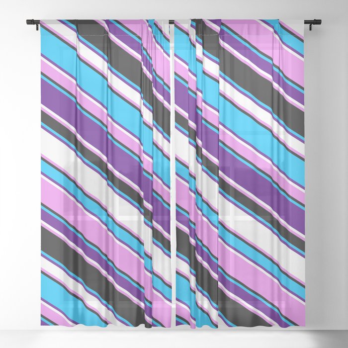 Eyecatching Deep Sky Blue, Indigo, White, Violet & Black Colored Stripes/Lines Pattern Sheer Curtain