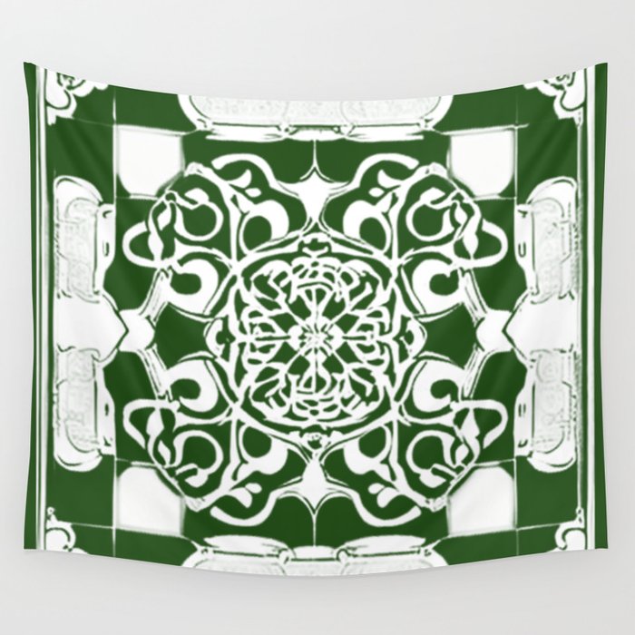 Dark Green and White Aesthetic Tile Wall Tapestry
