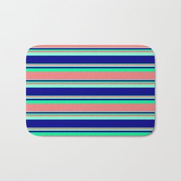 [ Thumbnail: Aquamarine, Dark Blue, Green & Light Coral Colored Stripes Pattern Bath Mat ]