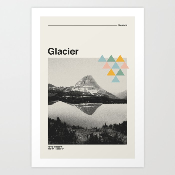 Retro National Park Poster, Glacier Montana, Vintage Mid Century Modern Art Print