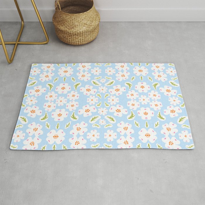 Dogwood Flowers Bloom Sunny Baby Blue And White Retro Mid-Century Modern Sweet Daisy Floral Pattern Rug