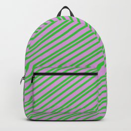 [ Thumbnail: Lime Green and Plum Colored Pattern of Stripes Backpack ]