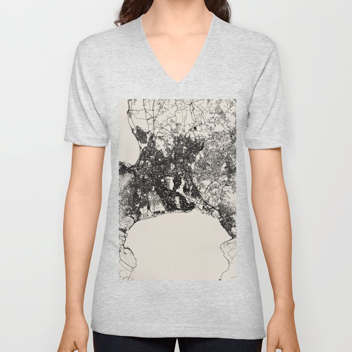 South Africa, Cape Town - Black and White City Map Drawing V Neck T Shirt