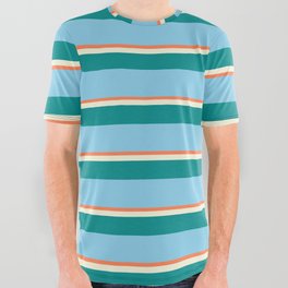 [ Thumbnail: Coral, Beige, Dark Cyan & Sky Blue Colored Stripes Pattern All Over Graphic Tee ]