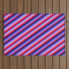 [ Thumbnail: Midnight Blue, Medium Slate Blue, Plum & Crimson Colored Stripes/Lines Pattern Outdoor Rug ]
