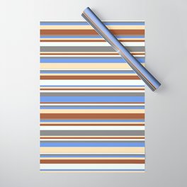 [ Thumbnail: Colorful Sienna, Mint Cream, Gray, Cornflower Blue & Beige Colored Striped Pattern Wrapping Paper ]