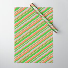 [ Thumbnail: Coral, Lime Green, and Grey Colored Striped Pattern Wrapping Paper ]