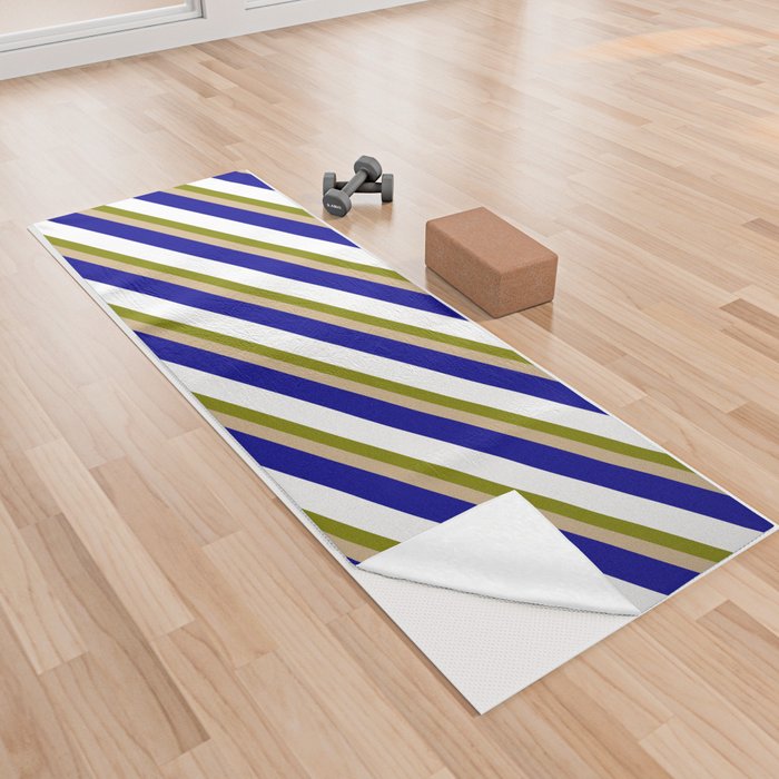 Green, Tan, Dark Blue, and White Colored Stripes/Lines Pattern Yoga Towel