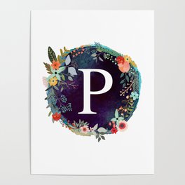 Personalized Monogram Initial Letter P Floral Wreath Artwork Poster