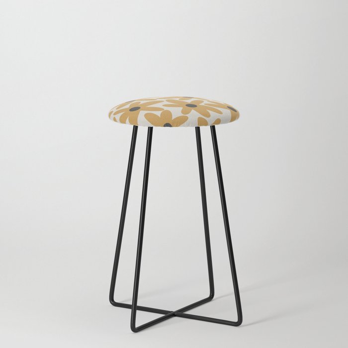 Daisy Time Retro Floral Pattern in Muted Mustard Gold, Charcoal Grey, and Cream Counter Stool