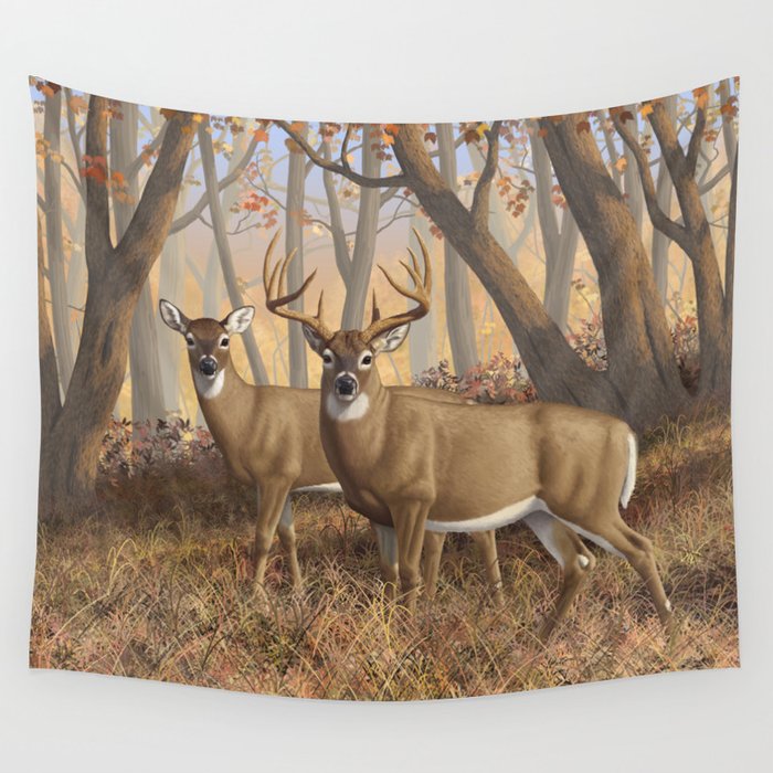 Whitetail Deer Trophy Buck and Doe in Autumn Wall Tapestry