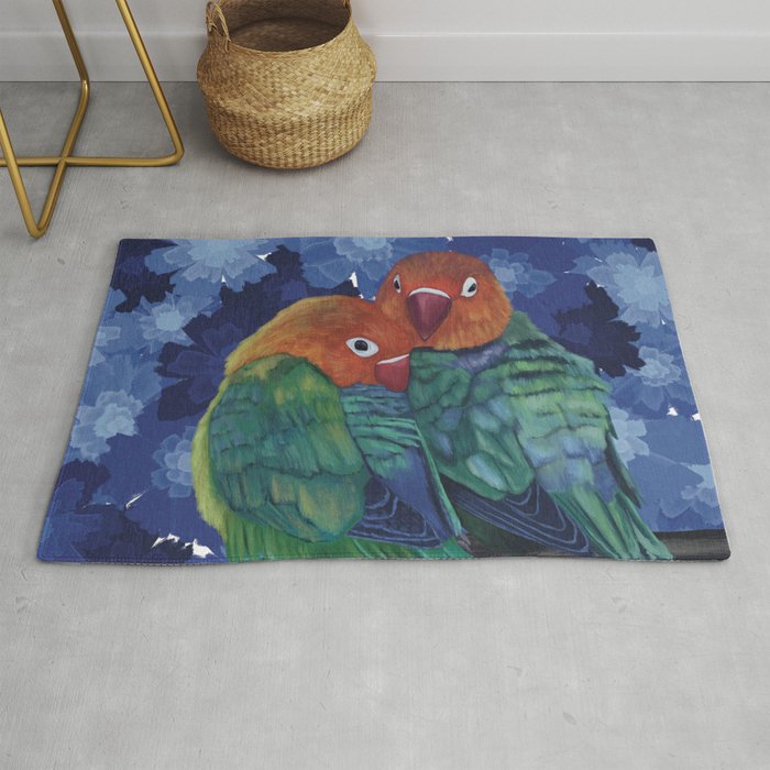 Two Lovebirds - Blue Flowers Rug