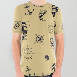 Beige And Blue Silhouettes Of Vintage Nautical Pattern All Over Graphic Tee