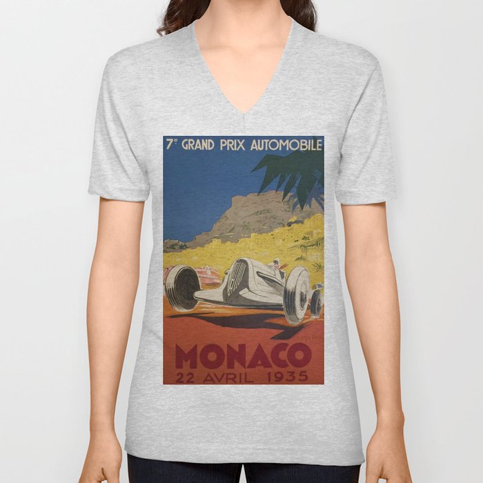 Vintage 1934 White Deco Monaco Grand Prix Car Advertisement Poster by Geo Ham V Neck T Shirt