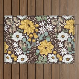 Boho garden // expresso brown background sage green yellow ivory and white flowers  Outdoor Rug