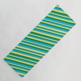[ Thumbnail: Deep Sky Blue, Tan & Forest Green Colored Striped Pattern Yoga Mat ]