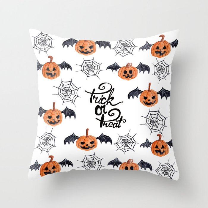 Halloween pumpkins and spiderweb trick or treat pattern  Throw Pillow