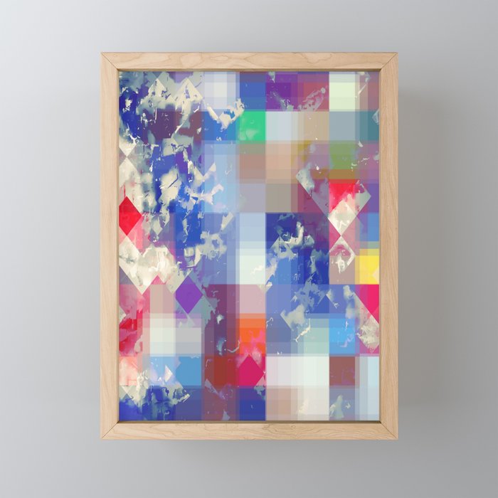 geometric pixel square pattern abstract background in blue pink red Framed Mini Art Print