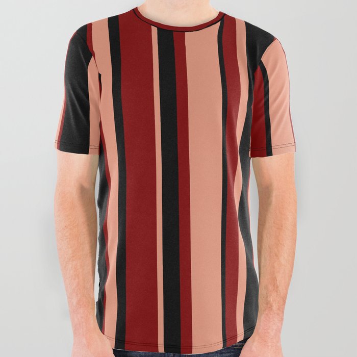Dark Salmon, Black & Maroon Colored Pattern of Stripes All Over Graphic Tee