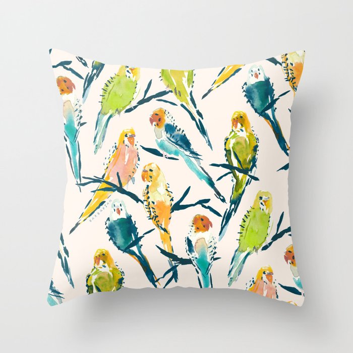 BOUNTIFUL BUDGIES Watercolor Parakeets Cream Throw Pillow