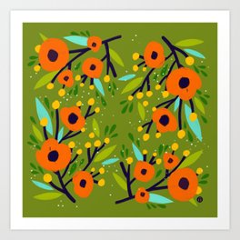 Leta Floral in Olive Green - Vintage Retro Flowers - Digital Painting Art Print