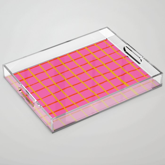 Bold Pink Retro Modern Kids-Core Checkered Plaid  Acrylic Tray