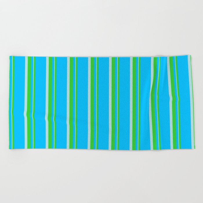 Deep Sky Blue, Lime Green, and Powder Blue Colored Striped Pattern Beach Towel