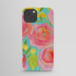 Pink Peonies On Turquoise - Watercolor Floral Print  iPhone Case