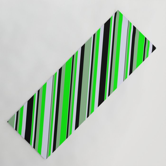 Dark Sea Green, Lime, Lavender, and Black Colored Lines/Stripes Pattern Yoga Mat