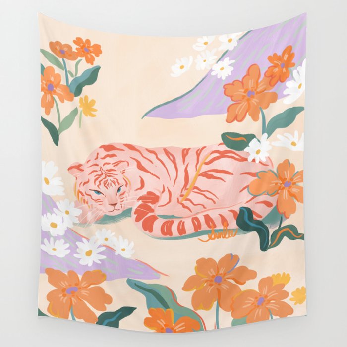 Pink Tiger in Wild Garden  Wall Tapestry