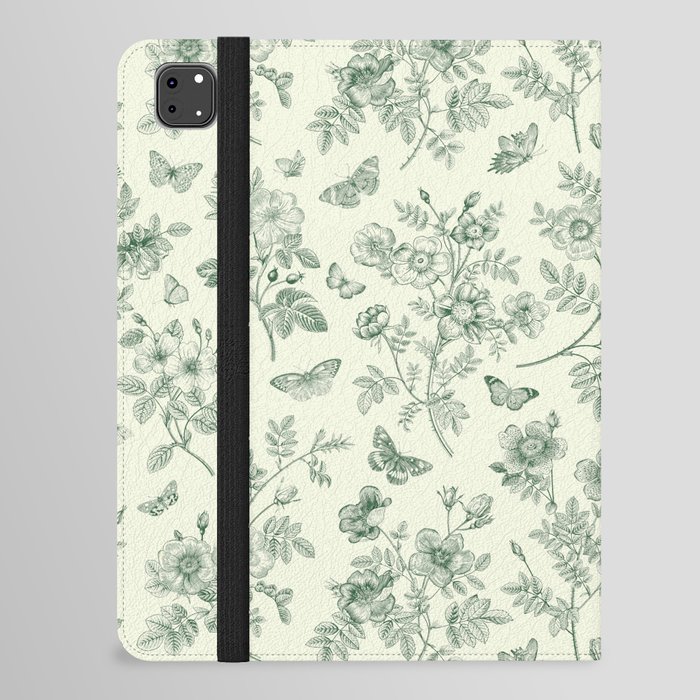 Toile de Jouy Wild Roses & Butterflies Forest Green Floral iPad Folio Case