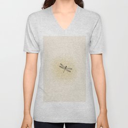 Sketched Dragonfly and Golden Fairy Dust on Cream Off-Whie V Neck T Shirt